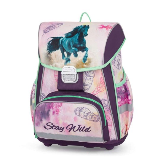 PREMIUM ONE HORSE lovas dekorációval készült csatos iskolatáska szett, tolltartóval és tornazsákkal lányoknak, 3 részes szett - Oxybag