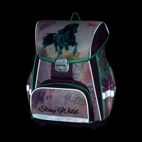 PREMIUM ONE HORSE lovas dekorációval készült csatos iskolatáska szett, tolltartóval és tornazsákkal lányoknak, 3 részes szett - Oxybag