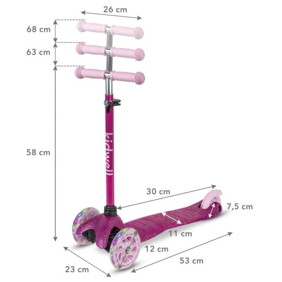 Kidwell UNO Glitter Pink háromkerekű gyerekroller LED kerekekkel