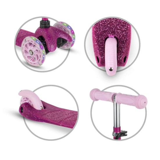 Kidwell UNO Glitter Pink háromkerekű gyerekroller LED kerekekkel