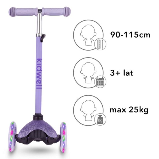 Kidwell UNO Glitter Violet háromkerekű gyerekroller LED kerekekkel