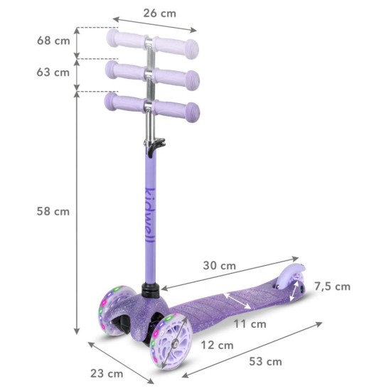Kidwell UNO Glitter Violet háromkerekű gyerekroller LED kerekekkel