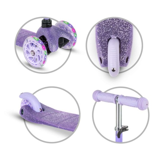 Kidwell UNO Glitter Violet háromkerekű gyerekroller LED kerekekkel