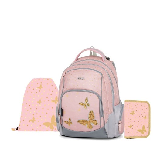 OXY GO Butterfly iskolatáska szett tolltartóval és tornazsákkal, pillangós, gold – pink – 3 részes szett