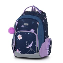 OXY GO Flowers ergonomikus iskolatáska/hátizsák szett tolltartóval és tornazsákkal, lila virágos – 3 részes szett