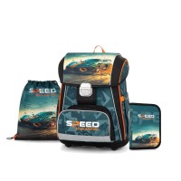 Premium Cool Car ergonomikus iskolatáska szett tolltartóval és tornazsákkal, versenyautós - Oxybag