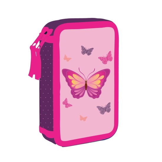 PREMIUM COOL MAGIC BUTTERFLY kétrekeszes, emeletes tolltartó, felszerelés nélkül, színes pillangós
