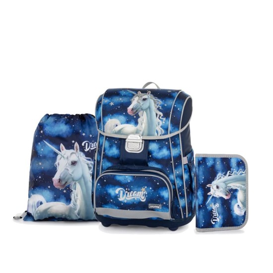 Premium Cool Unicorn 1 ergonomikus iskolatáska/hátizsák szett tolltartóval és tornazsákkal, Dreams – 3 részes szett