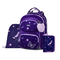 Flowers Oxy Jumper iskolatáska szett lányoknak, tornazsákkal és tolltartóval, sötétlila