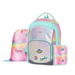 Magic Oxy Go iskolatáska szett lányoknak, tornazsákkal és tolltartóval, szivárványos