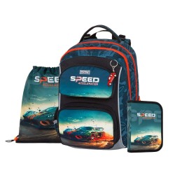 Speed Oxy Jumper iskolatáska szett fiúknak, tornazsákkal és tolltartóval, versenyautós
