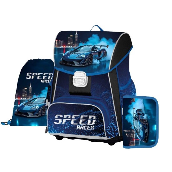 Speed Racer Premium One iskolatáska szett fiúknak, tornazsákkal és tolltartóval, versenyautós