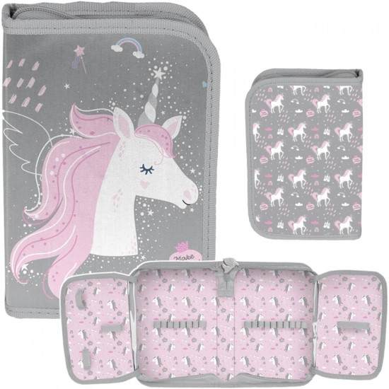PASO UNICORN egyrekeszes, kihajtható tolltartó lányoknak, rózsaszín unikornis