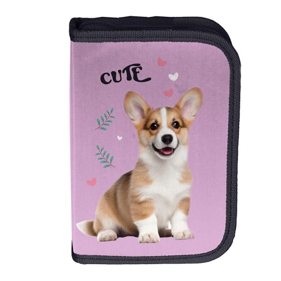 Cute egyrekeszes kihajtható tolltartó lányoknak, felszerelés nélkül, kiskutyás, rózsaszín