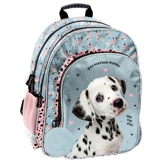 Dalmata kiskutyás kétrekeszes ergonomikus iskolatáska és hátizsák lányoknak, világoskék