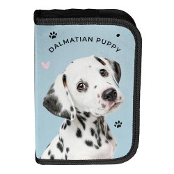 Dalmata kiskutyás felszerelt,egyrekeszes kihajtható tolltartó lányoknak, világoskék