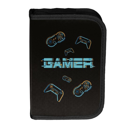 Gamer Staregyrekeszes kihajtható tolltartó fiúknak, felszerelés nélkül, fekete