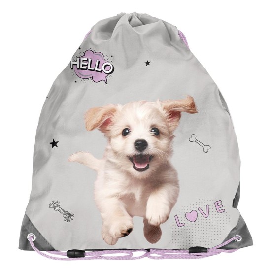 Hello Little Dog tornazsák lányoknak, kiskutyás, ezüstszürke