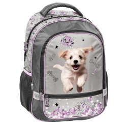 Hello Little Dog kétrekeszes ergonomikus iskolatáska és hátizsák lányoknak, kiskutyás, ezüstszürke