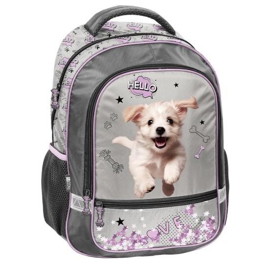 Hello Little Dogkétrekeszes ergonomikus iskolatáska és hátizsák lányoknak, kiskutyás, ezüstszürke