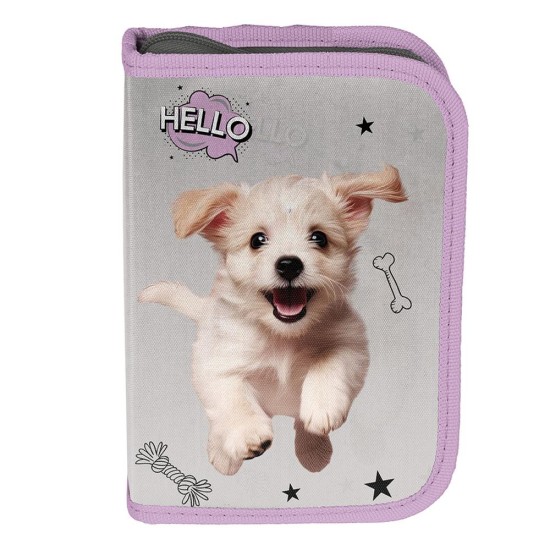 Hello Little Dogkihajtható egyrekeszes tolltartó lányoknak, kiskutyás, ezüstszürke