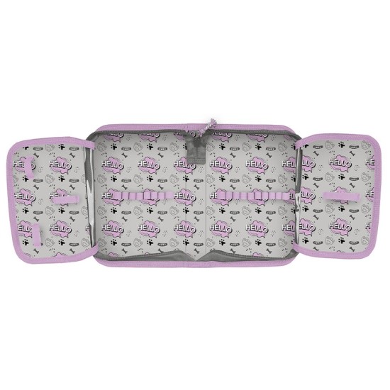 Hello Little Dogkihajtható egyrekeszes tolltartó lányoknak, kiskutyás, ezüstszürke