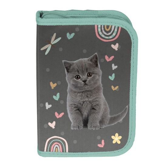 LovelyCat kihajtható egyrekeszes tolltartó lányoknak, felszerelés nélkül, cicás, türkiz-ezüst