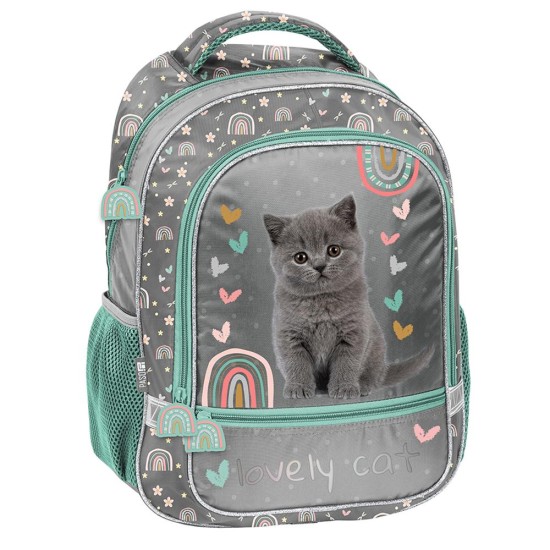 LovelyCatkétrekeszes ergonomikus iskolatáska és hátizsák lányoknak, cicás, türkiz-ezüst