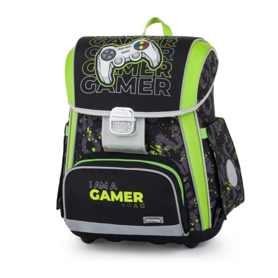 Premium Cool Gamer ergonomikus iskolatáska szett tolltartóval és tornazsákkal fiúknak - 3 részes szett, neonzöld – fekete, Oxybag