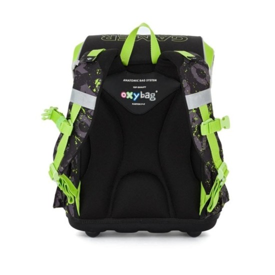 Premium Cool Gamer ergonomikus iskolatáska szett tolltartóval és tornazsákkal fiúknak - 3 részes szett, neonzöld – fekete, Oxybag