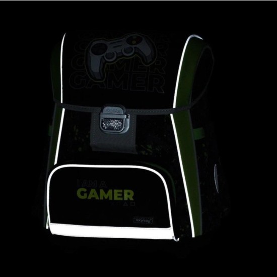 Premium Cool Gamer ergonomikus iskolatáska szett tolltartóval és tornazsákkal fiúknak - 3 részes szett, neonzöld – fekete, Oxybag
